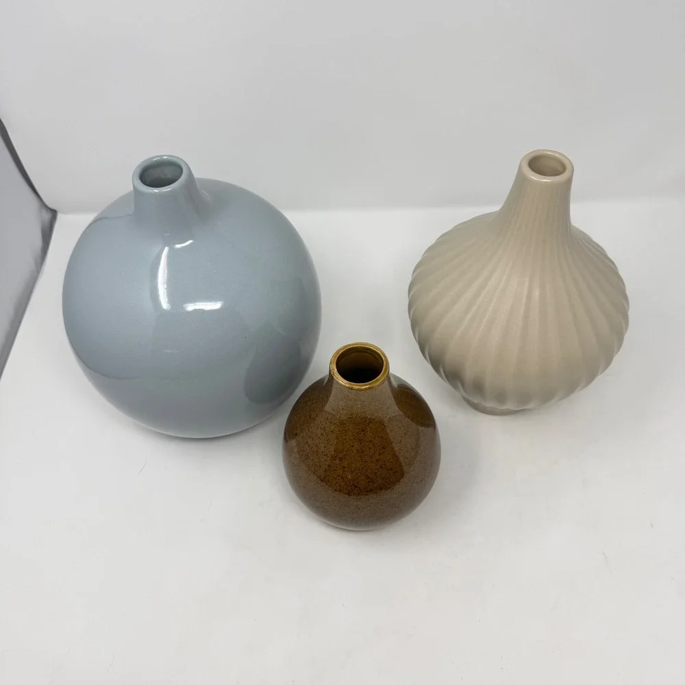 Ceramic Bud Vase Set 3 Blue Tan Brown Pottery Neutral MCM Minimalist Boho Decor